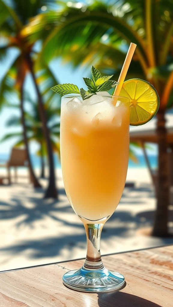 A tropical coconut lime rum cooler cocktail with lime and mint garnish, served on a beach setting.